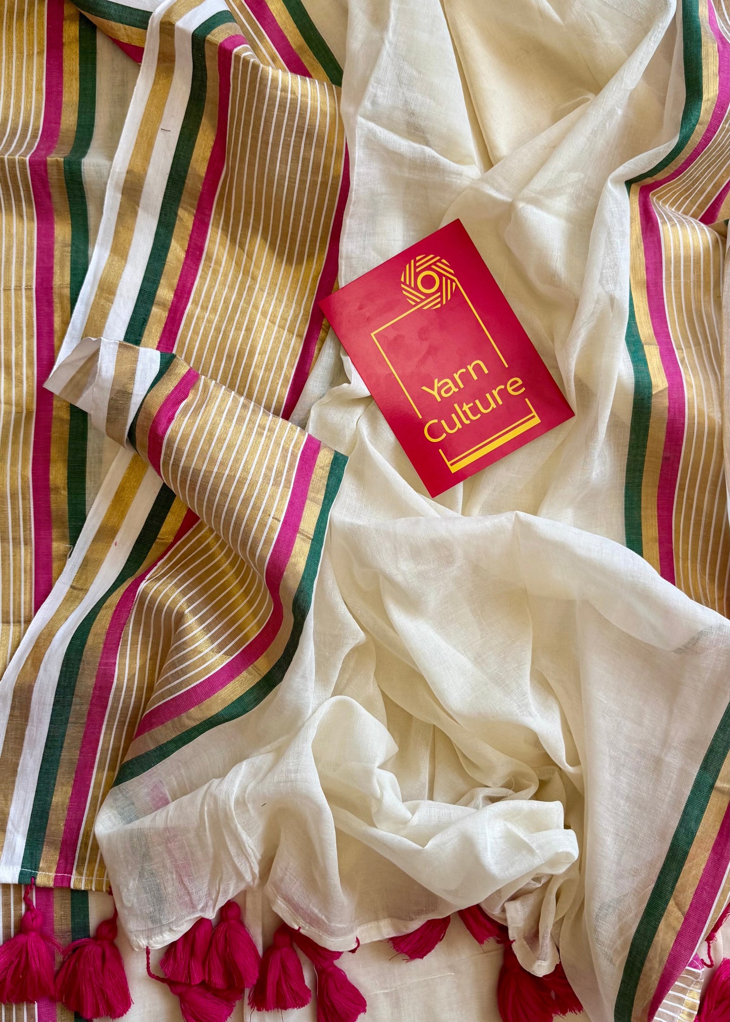 Ivory mul saree, hot pink, green and gold striped border - YCIEON14