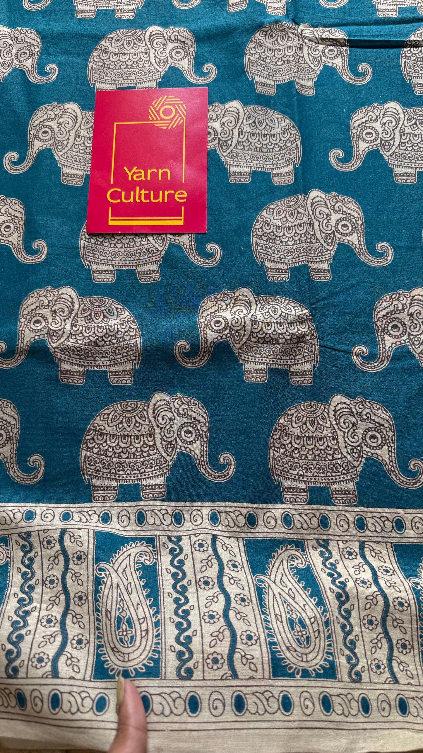 Peacock blue kalamkari saree, elephant motifs, soft cotton - YCWOTDMA350
