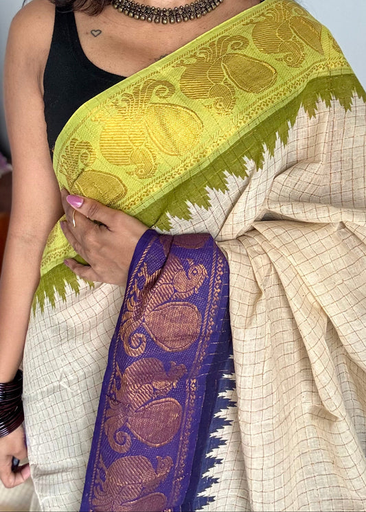 Sungudi cotton checks, ivory gold base, purple and neon green dual tone border, soft cotton - YCCOTNGJJA178