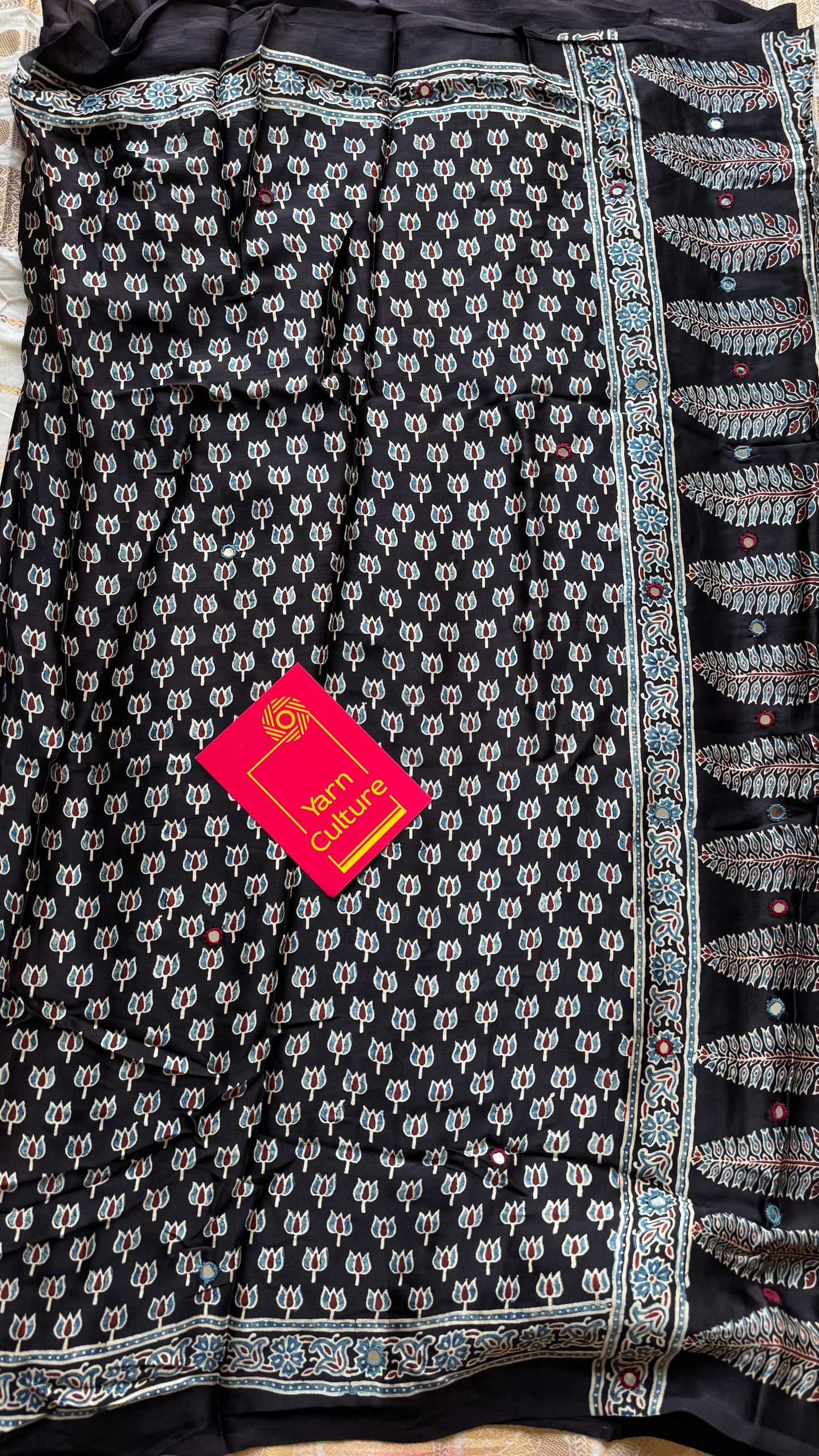 Black pure modal silk saree with ajrakh handblock print and mirror work - YCTOKAJM337