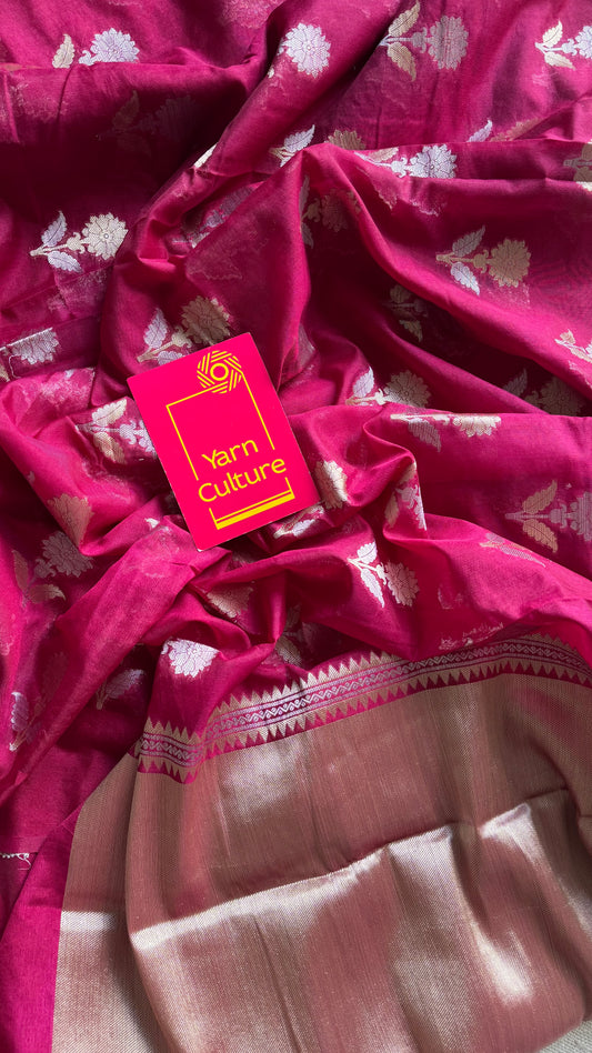 Ruby with gold and silver floral buttas, Banarasi semi-crepe silk - YCDESE52