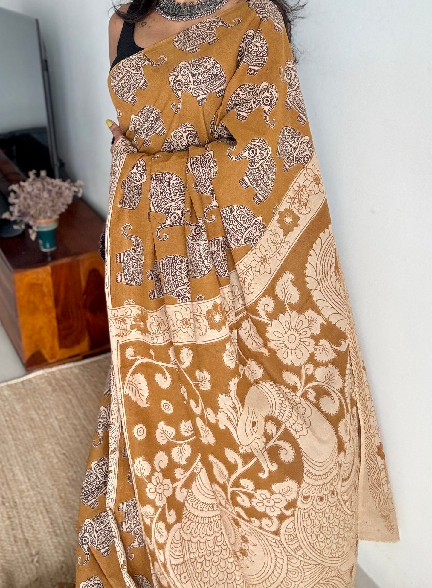 Light brown kalamkari, elephant motifs, soft cotton - YCWOTDOCMP83