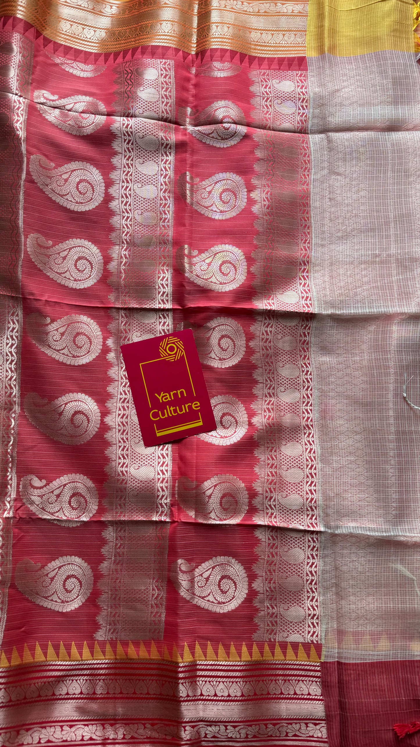 Cream with red and yellow contrast borders, kota doria with zari - YCBCDP14