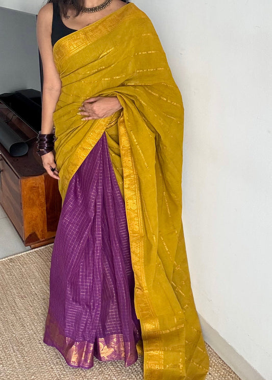 Light green with purple, sungudi cotton half-half saree - YCCOTNMSFE356