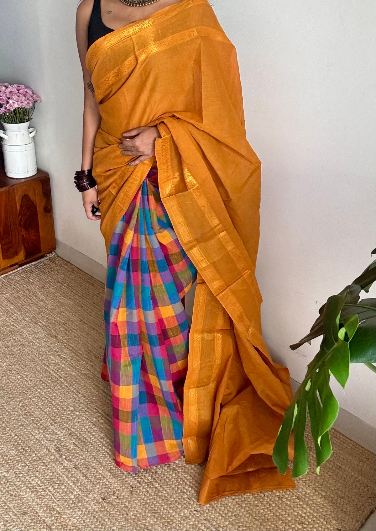 Turmeric yellow with multicoloured madras checks, cotton half and half saree - YCCOTNIDOC161