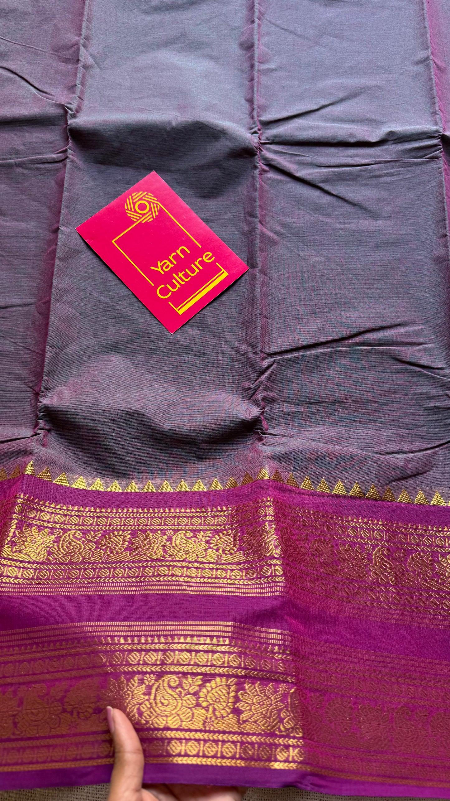 Dual tone grey with magenta, wide zari border, kanchi cotton - YCCOTNKCJA215