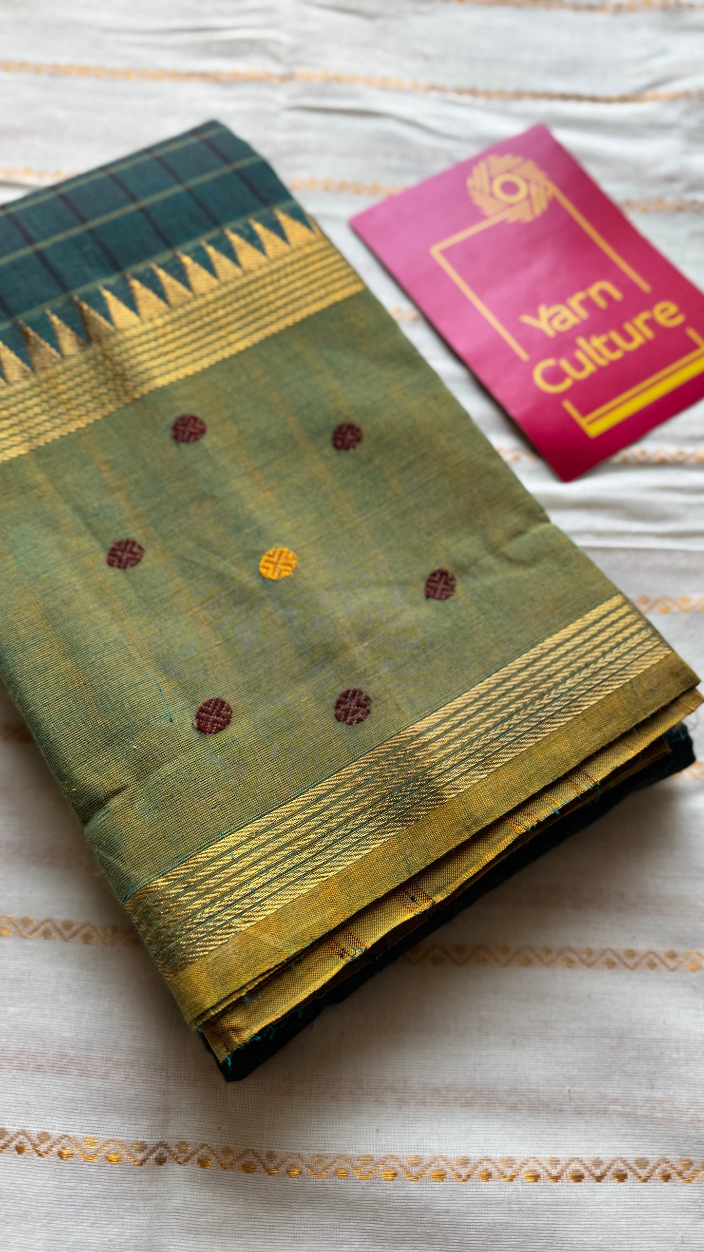 Dark teal and light green contrast, checkered Chettinad cotton saree - YCCOTNMA269