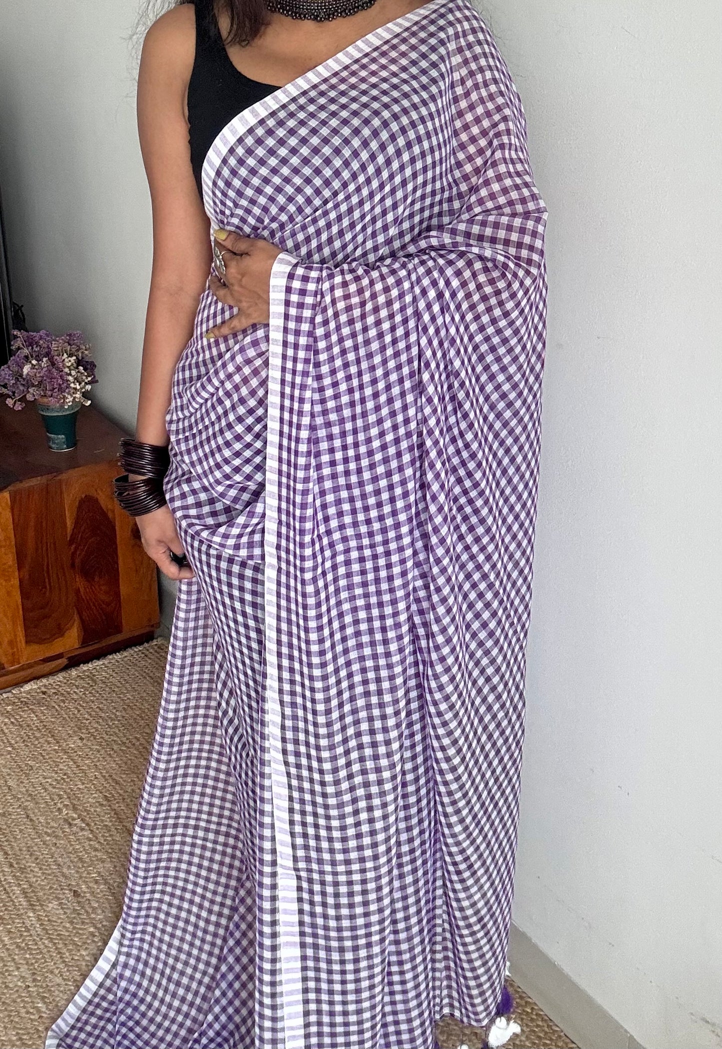 Purple and white checkered mul cotton saree  - YCBCMCCMA32