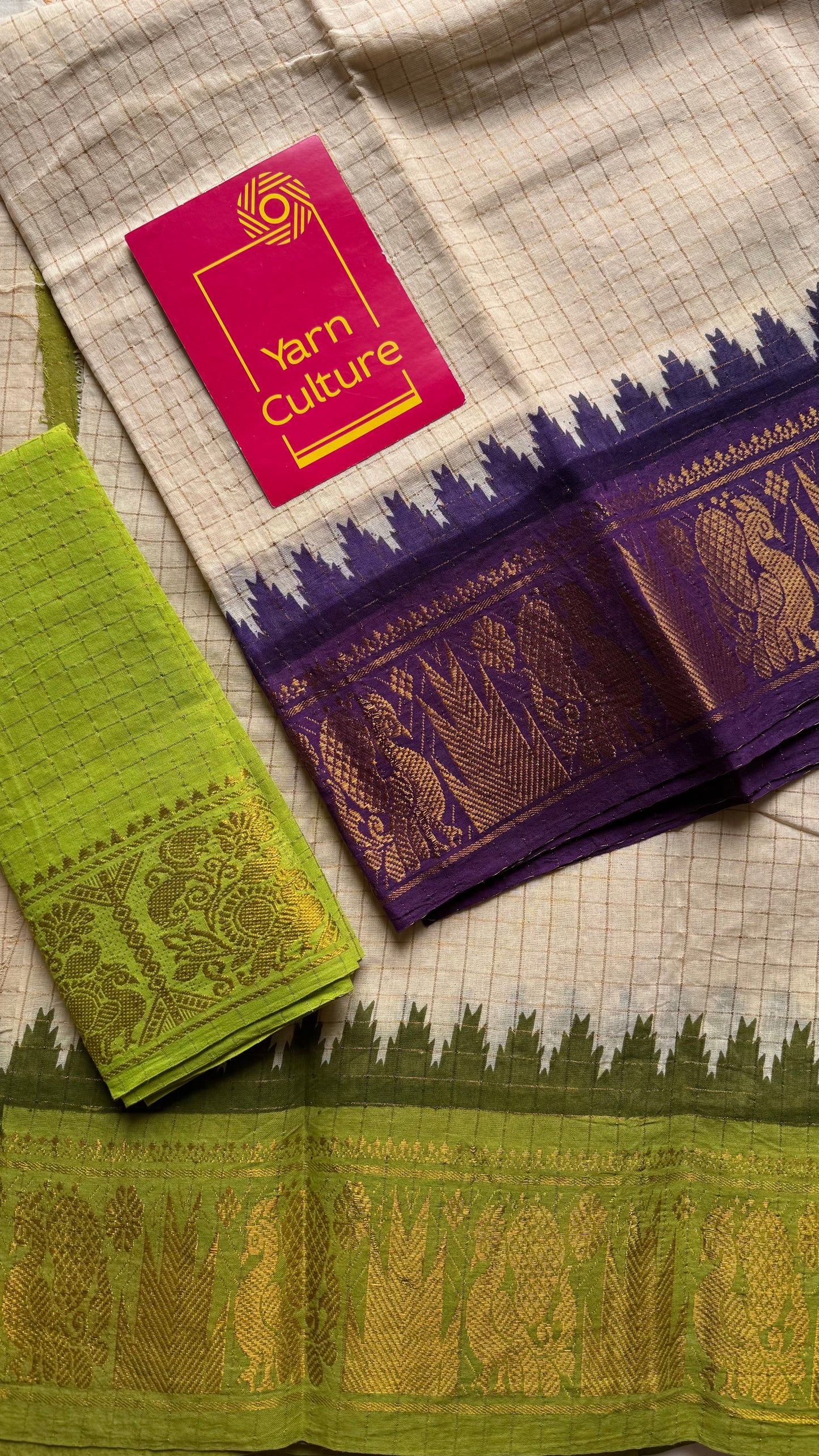 Sungudi cotton checks, ivory gold base, purple and lime green dual tone border, soft cotton - YCCOTNMSJUL08
