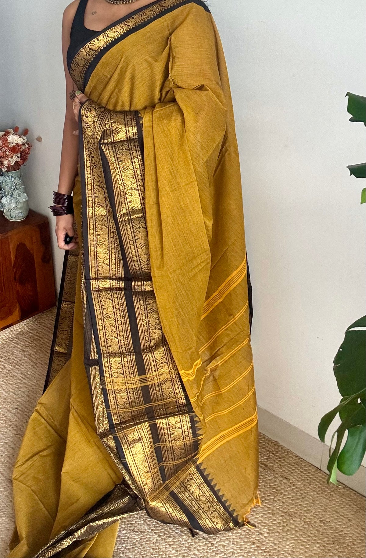 Ginger yellow with black long zari border, kanchi cotton saree - YCCOTNCCOC114