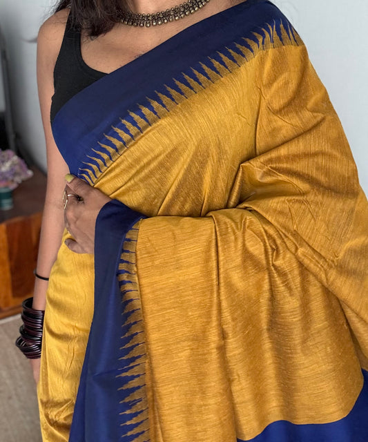 Turmeric yellow with blue contrast, temple border saree, cotton silk - YCCOTNTBFE57