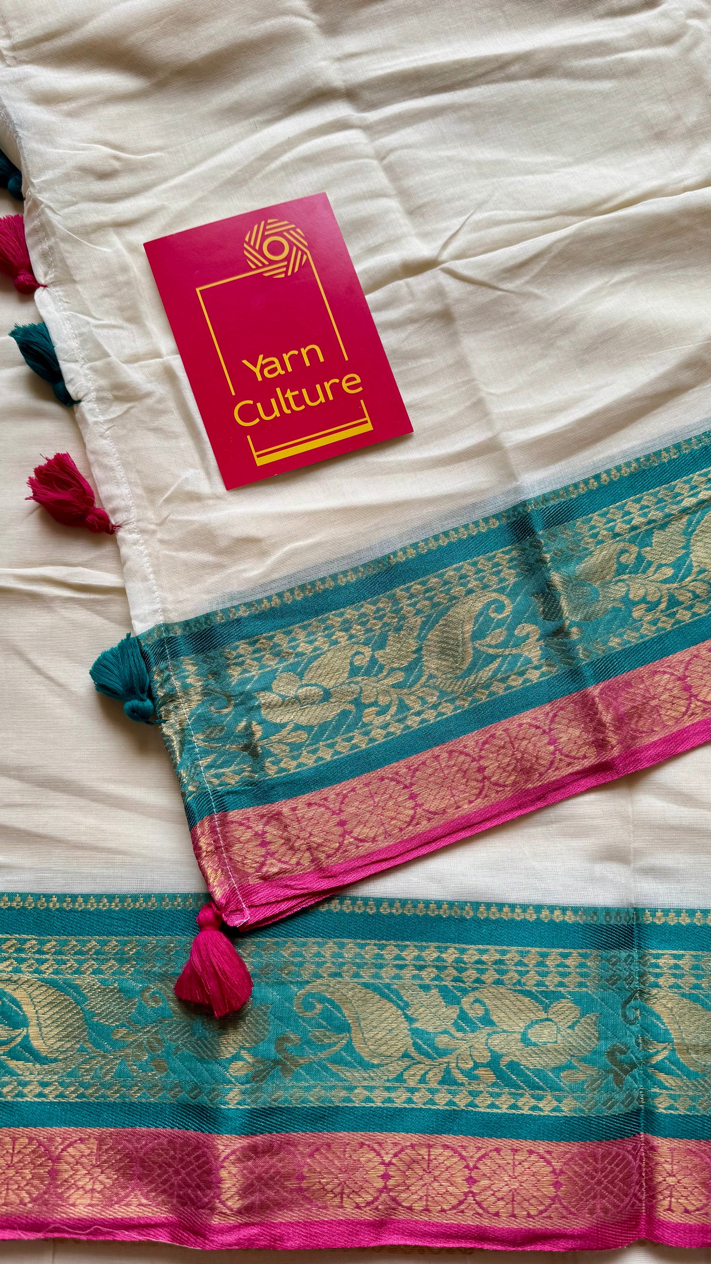 Ivory mul saree, bluish green and hot pink kanchi border - YCIEON11