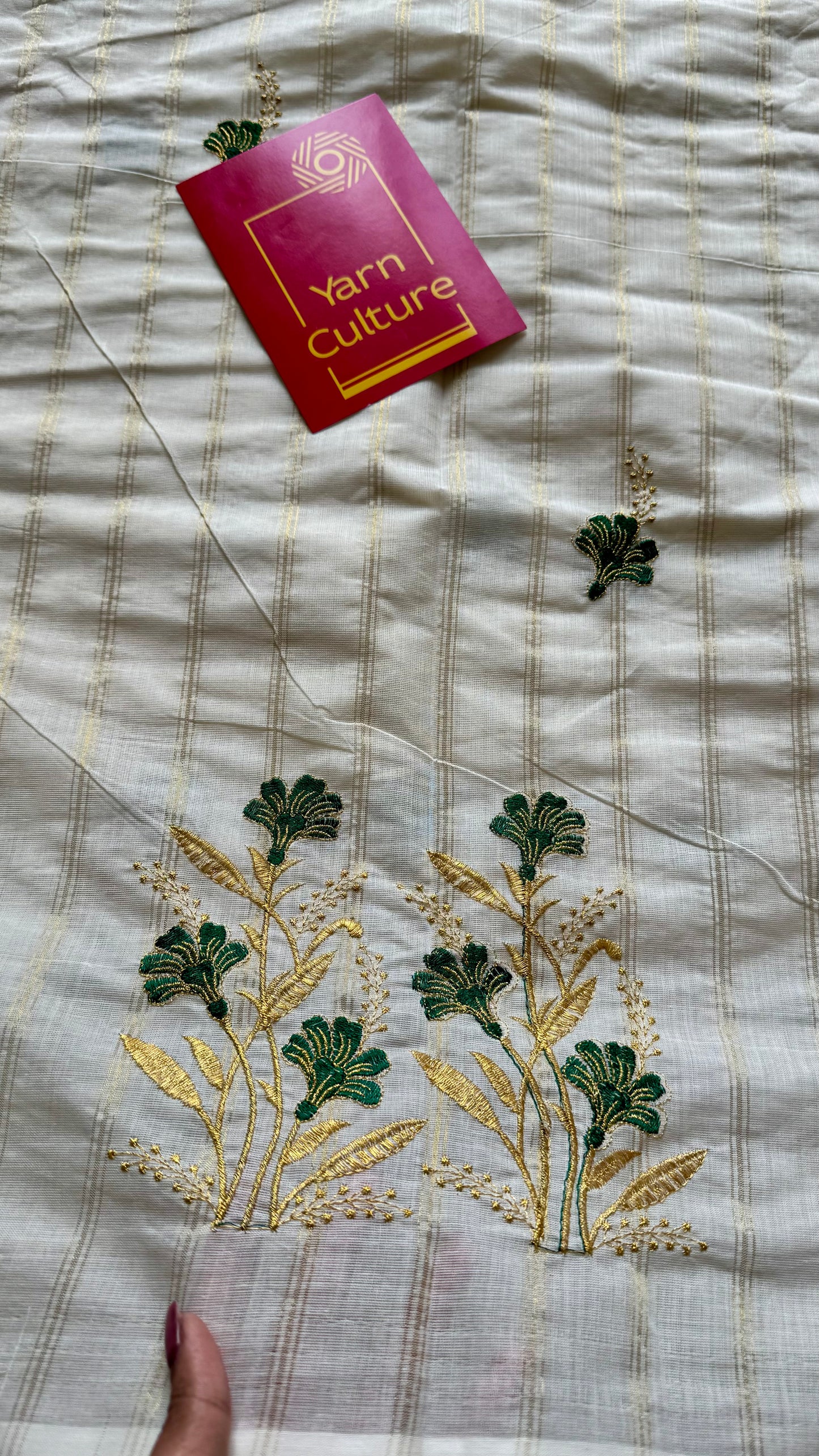 Ivory and gold soft cotton saree, dark green floral embroidery  - YCIEON51
