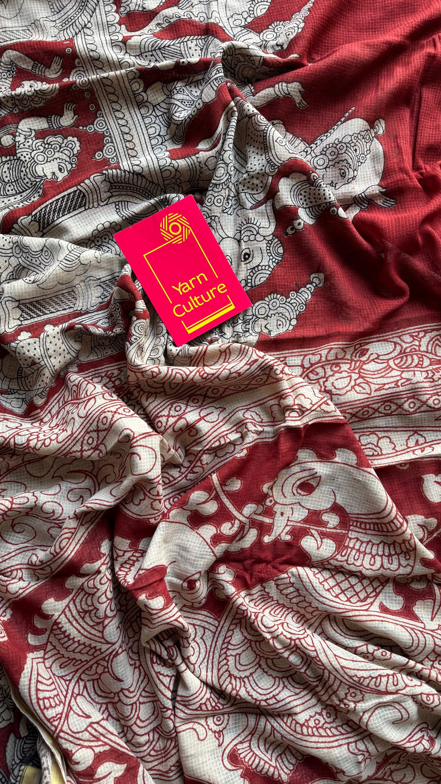 Red cream kalamkari saree in kota, with zari border - YCWOTDKKFE16
