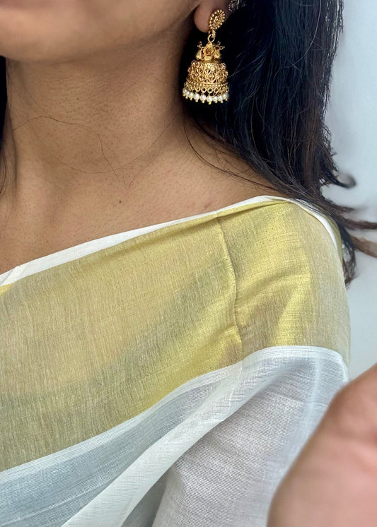 Floral top jhumka with pearl drops, antique gold - YCAGJK91