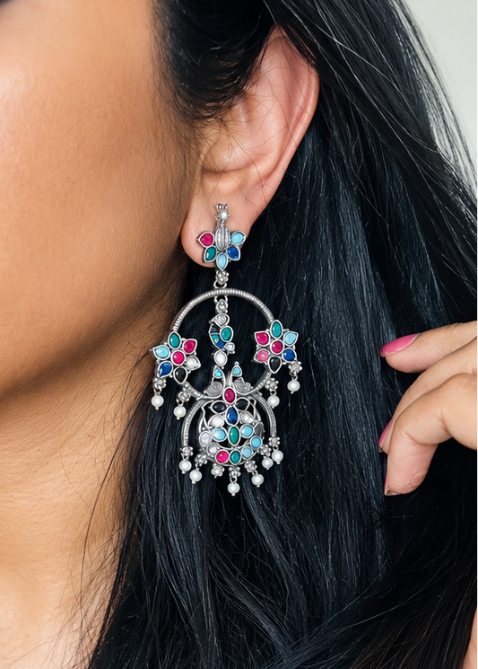 Peacock dangler earring with multicolour stones - YCOSED592