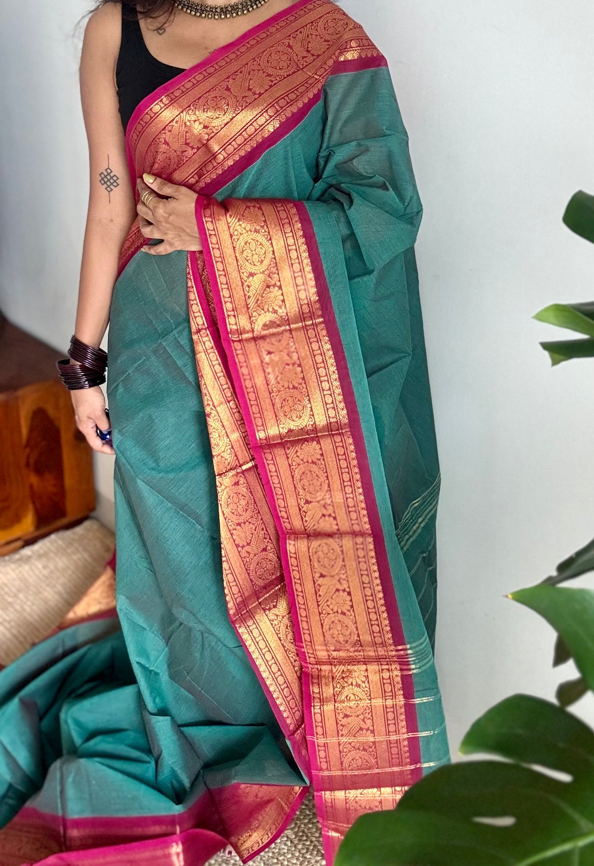 Jade green with ruby pink zari border chettinad cotton saree - YCCOTNCKSE14