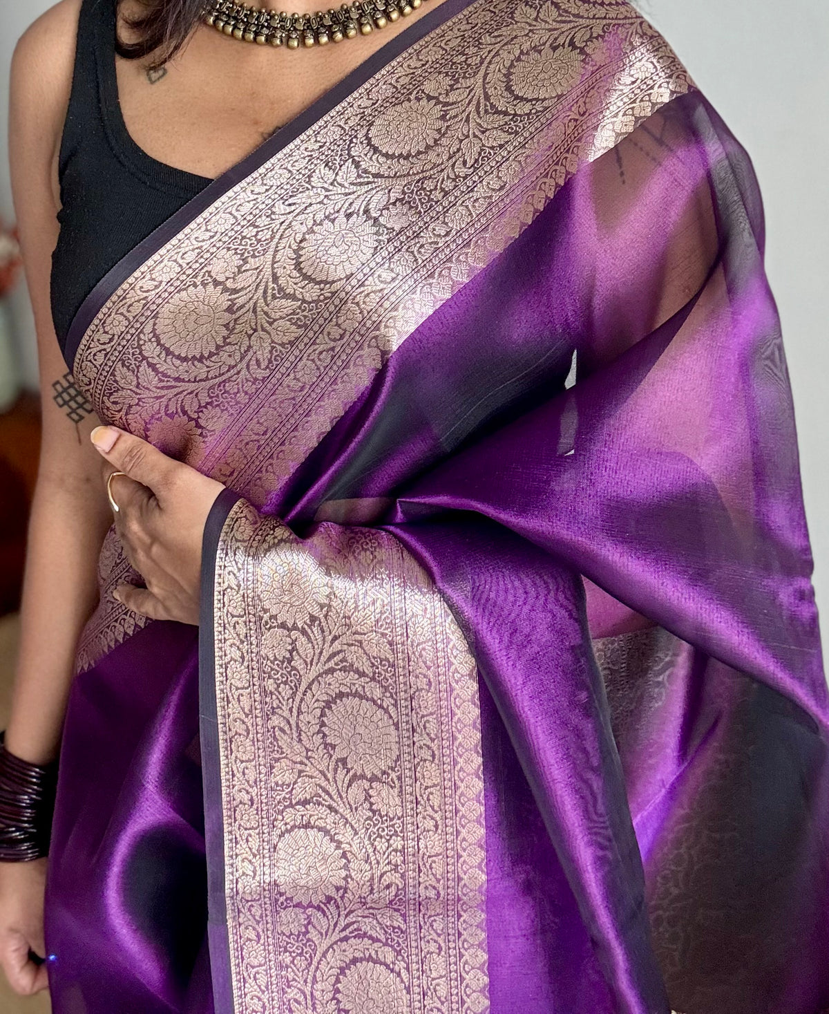 Purple tissue Banarasi saree with zari border - YCBLTOC89