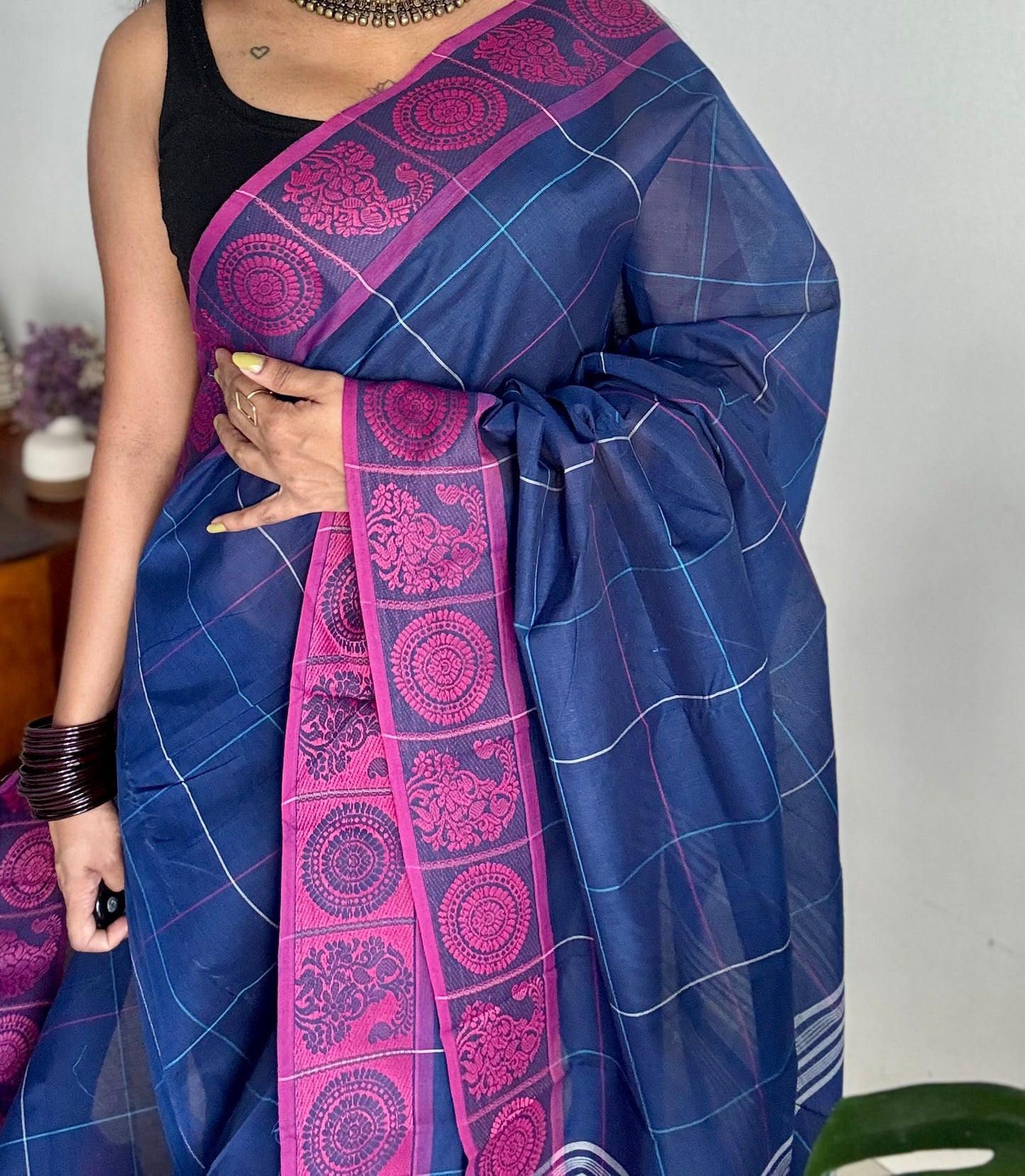 Chettinad cotton saree in dark blue with pink checks, thread motif border - YCCOTNJUCC06