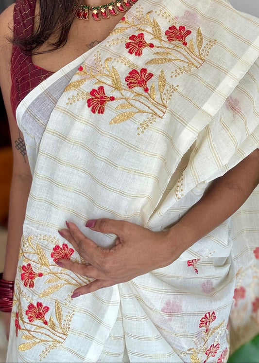Ivory and gold soft cotton saree, red floral embroidery  - YCIEON52