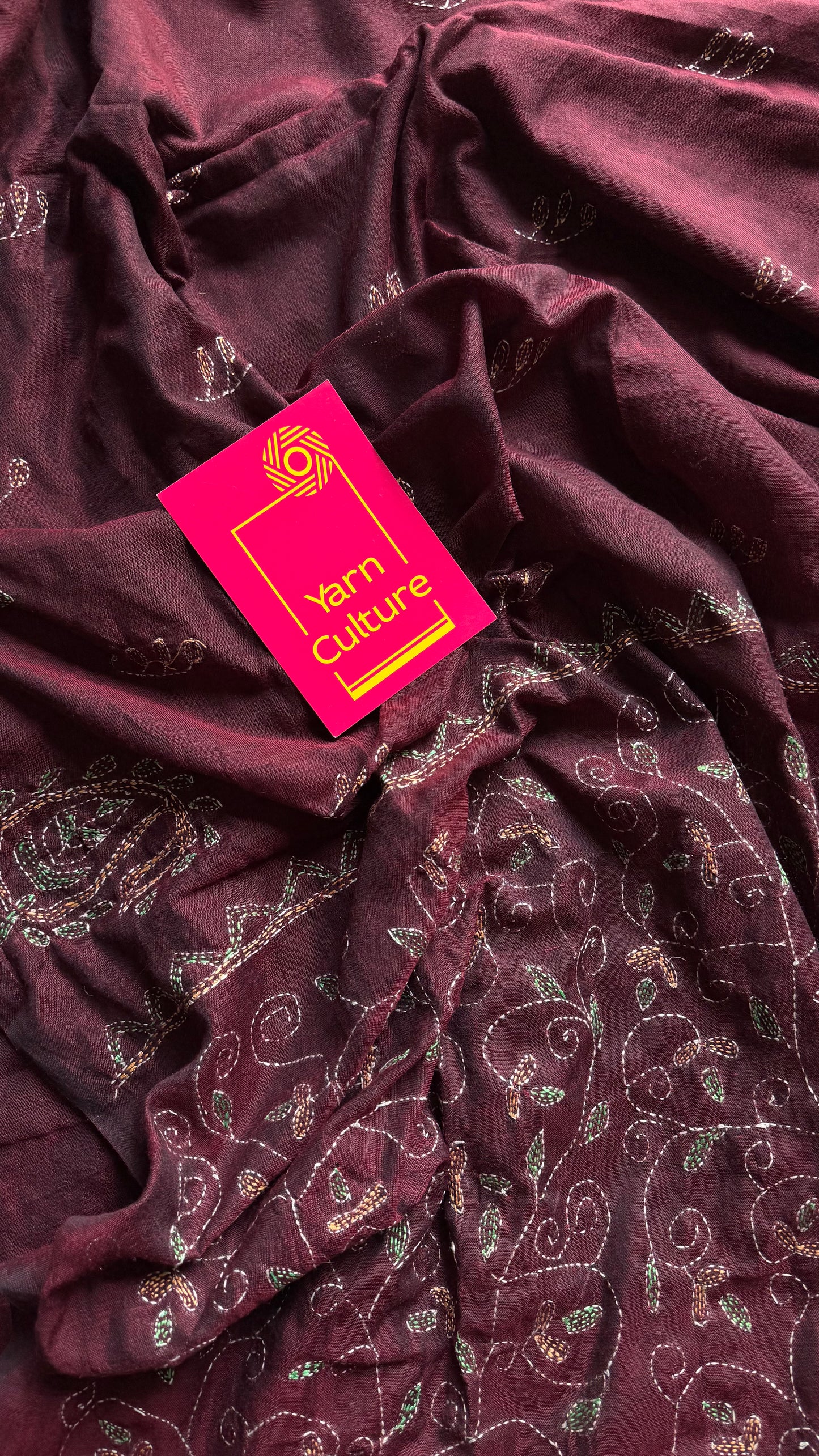 Embroidered maroon kantha weave in soft cotton - YCBCKKJA147