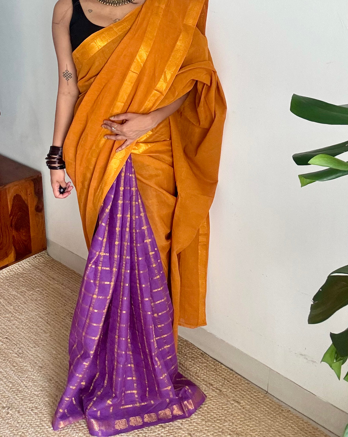 Turmeric yellow with purple, sungudi cotton half-half saree - YCCOTNIDOC13