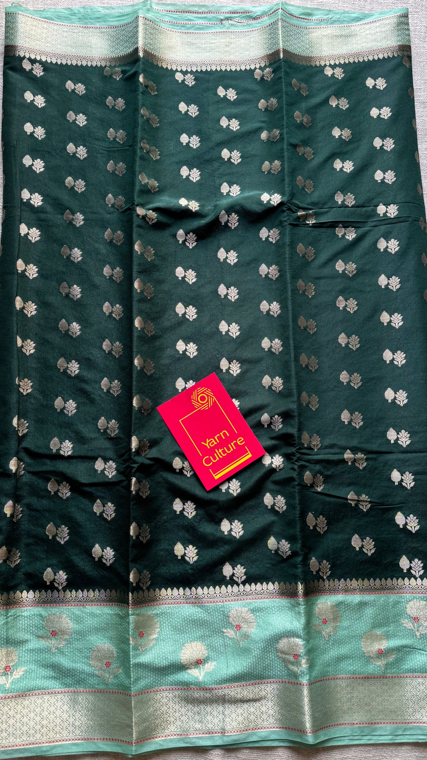 Dark green with pastel green border, semi dupion silk - YCBLSSJA25