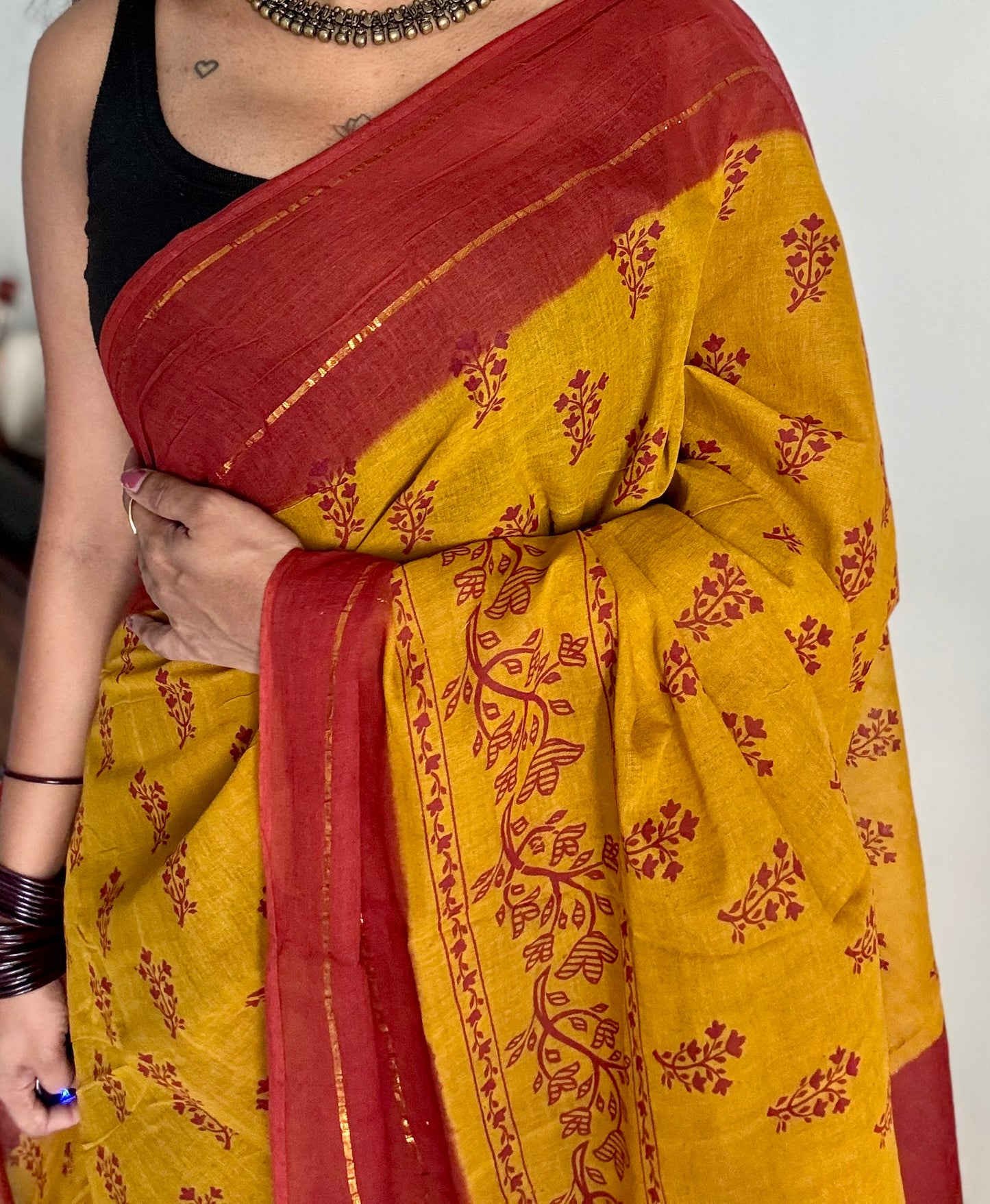 Mustard yellow with burnt red contrast, kattuchayam dyed madurai cotton saree - YCCOTNMA247