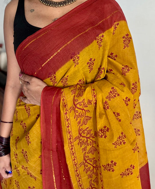 Mustard yellow with burnt red contrast, kattuchayam dyed madurai cotton saree - YCCOTNMA247
