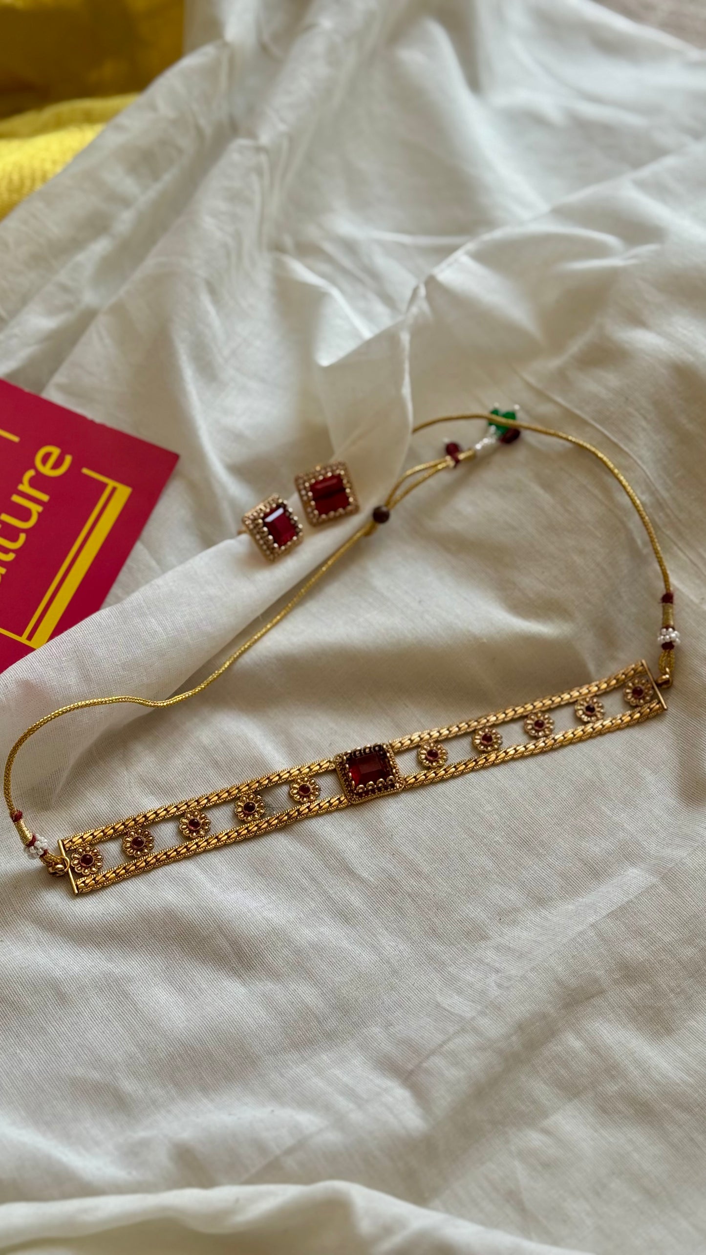 Floral choker neckpiece with red stones, with earrings - YCGPNP672