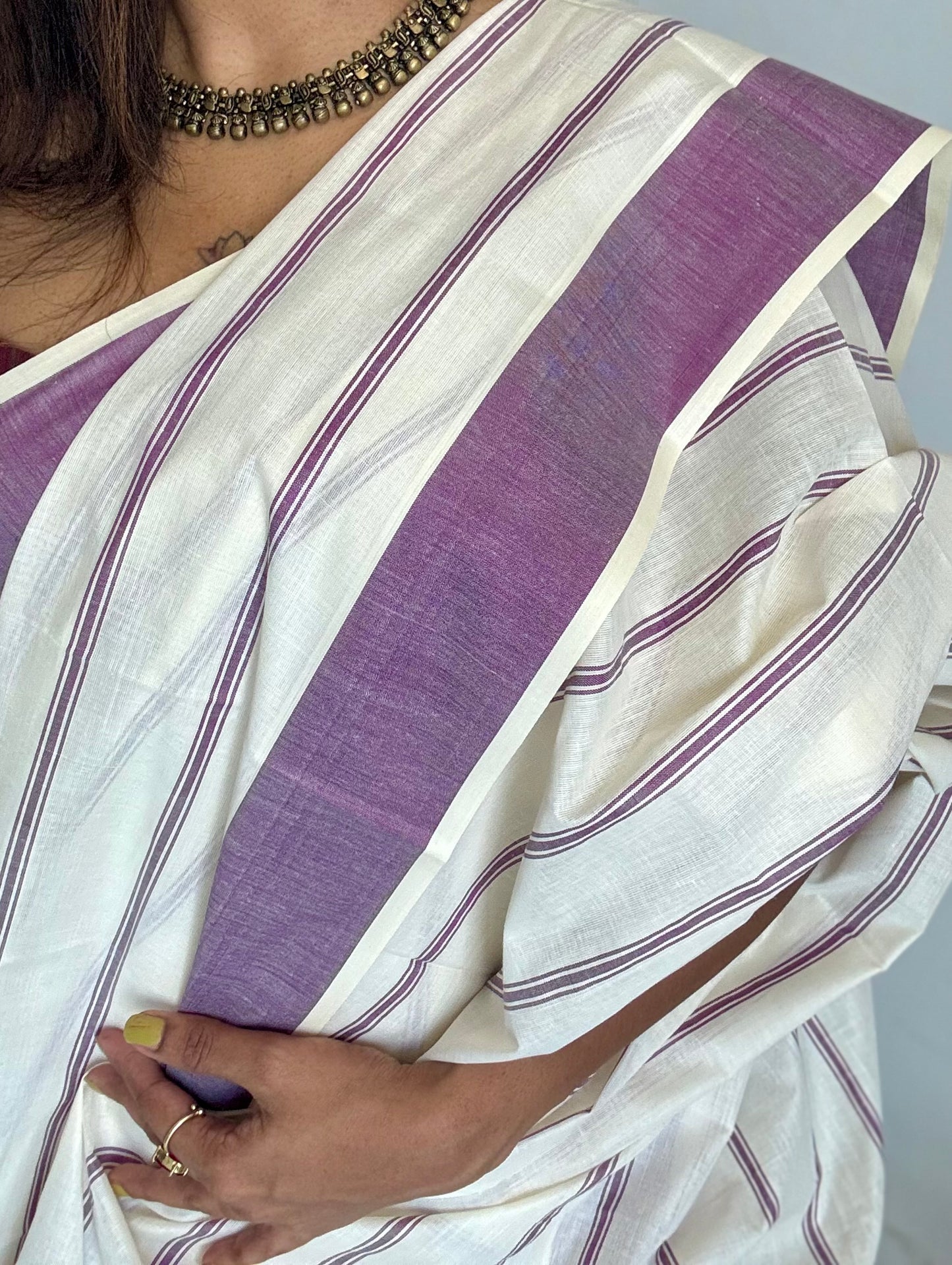 Ivory Kerala cotton saree with purple pink (vadamalli) stripes and border - YCIEKCFE322