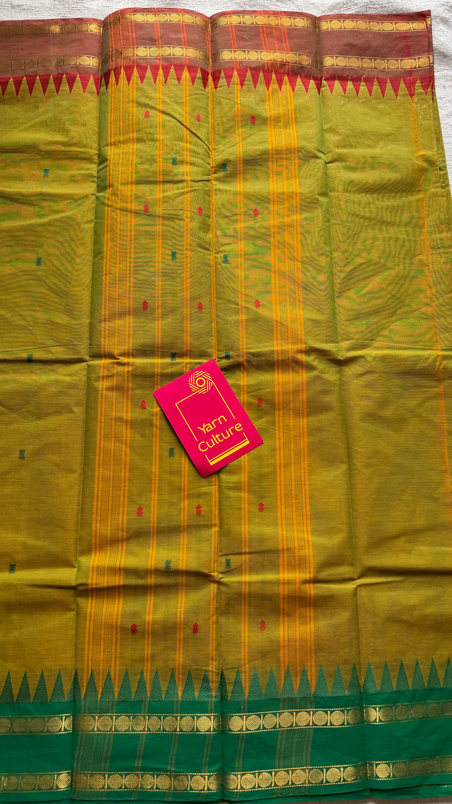 Kanchi cotton saree, light green with light brown and green dual border - YCCOTNAP101