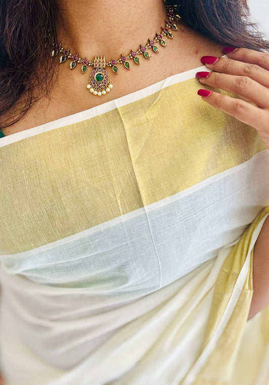 Green and dark pink palakka necklace with jhumka - YCAGC82