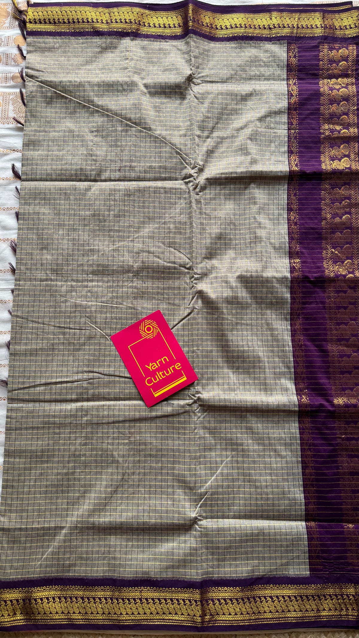Warm grey with purple, zari checkered saree, cotton silk - YCCOTNKCOC110