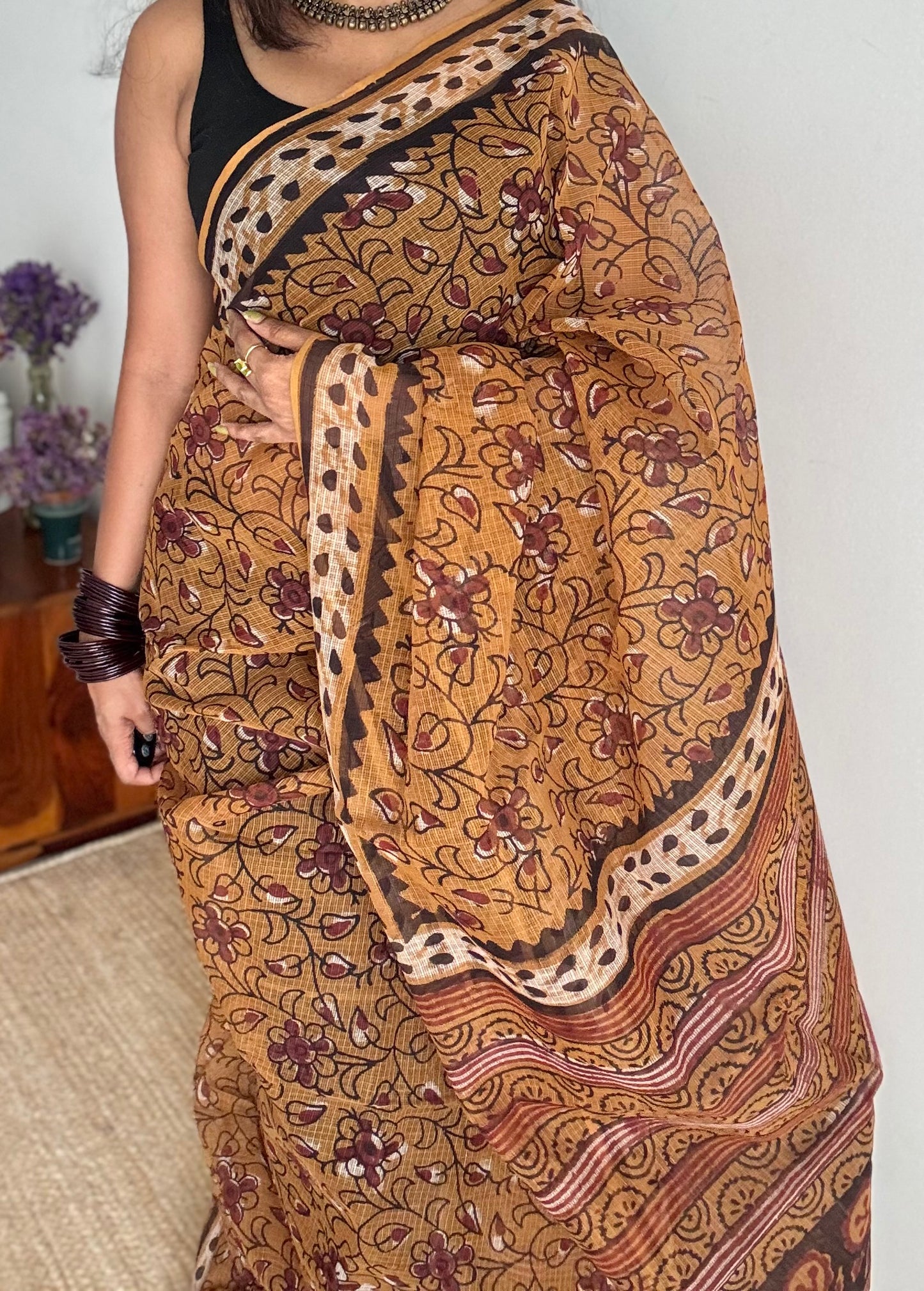 Orange Drama - light orange with brown floral kota doria saree - YCTORKDAP03