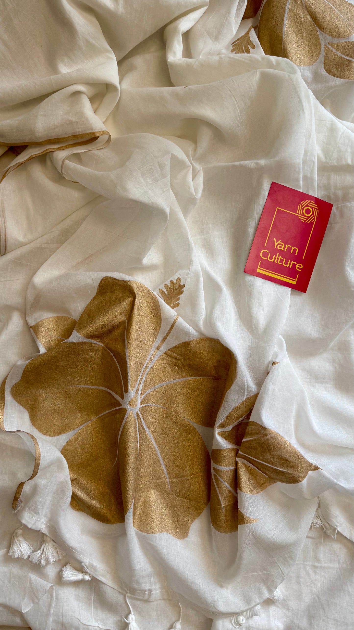 Ivory mul saree, statement floral painted pallu - YCIEON35