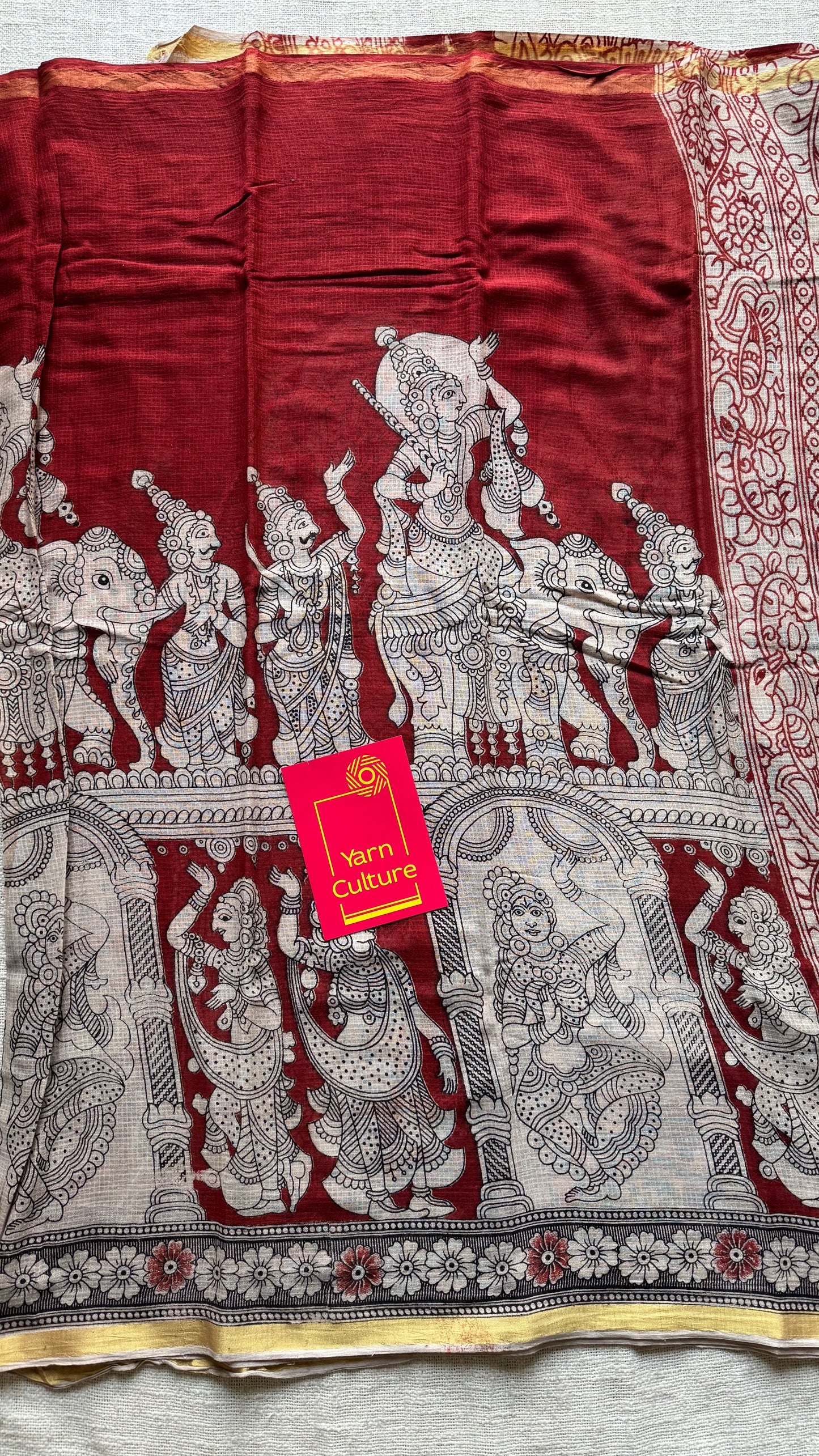 Red cream kalamkari saree in kota, with zari border - YCWOTDKKFE16
