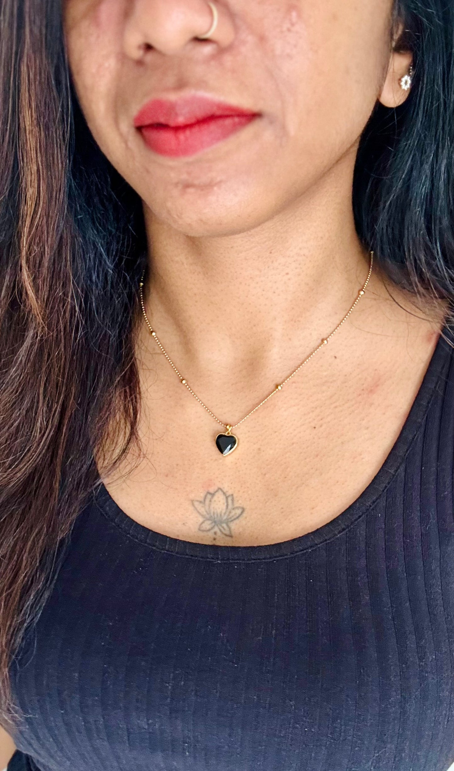 Gold plated chain, black heart pendant - YCGPC248