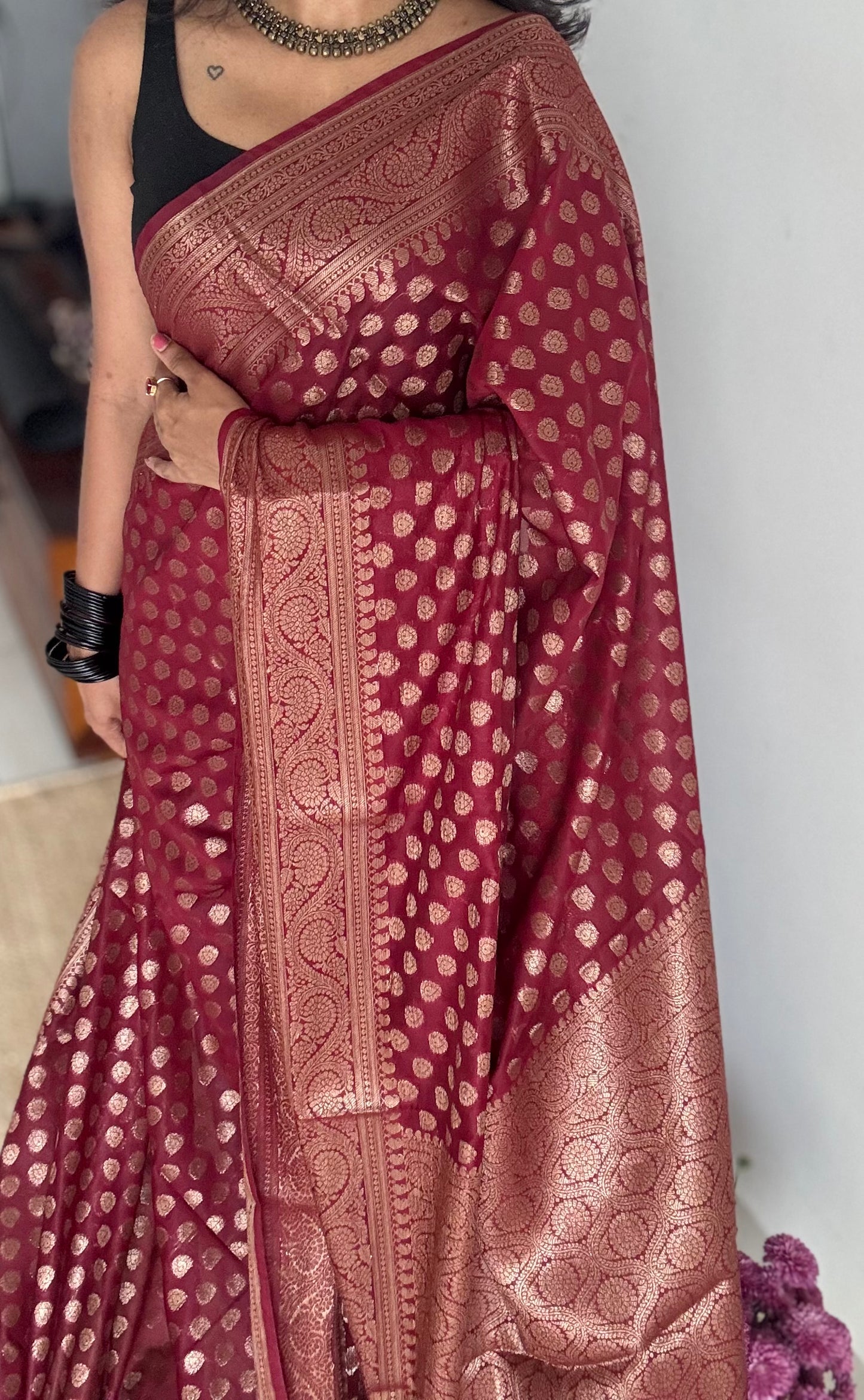 Ruby - Maroon with a slight hint of pink, antique gold zari, Banarasi semi georgette - YCBLFEGAGZ16