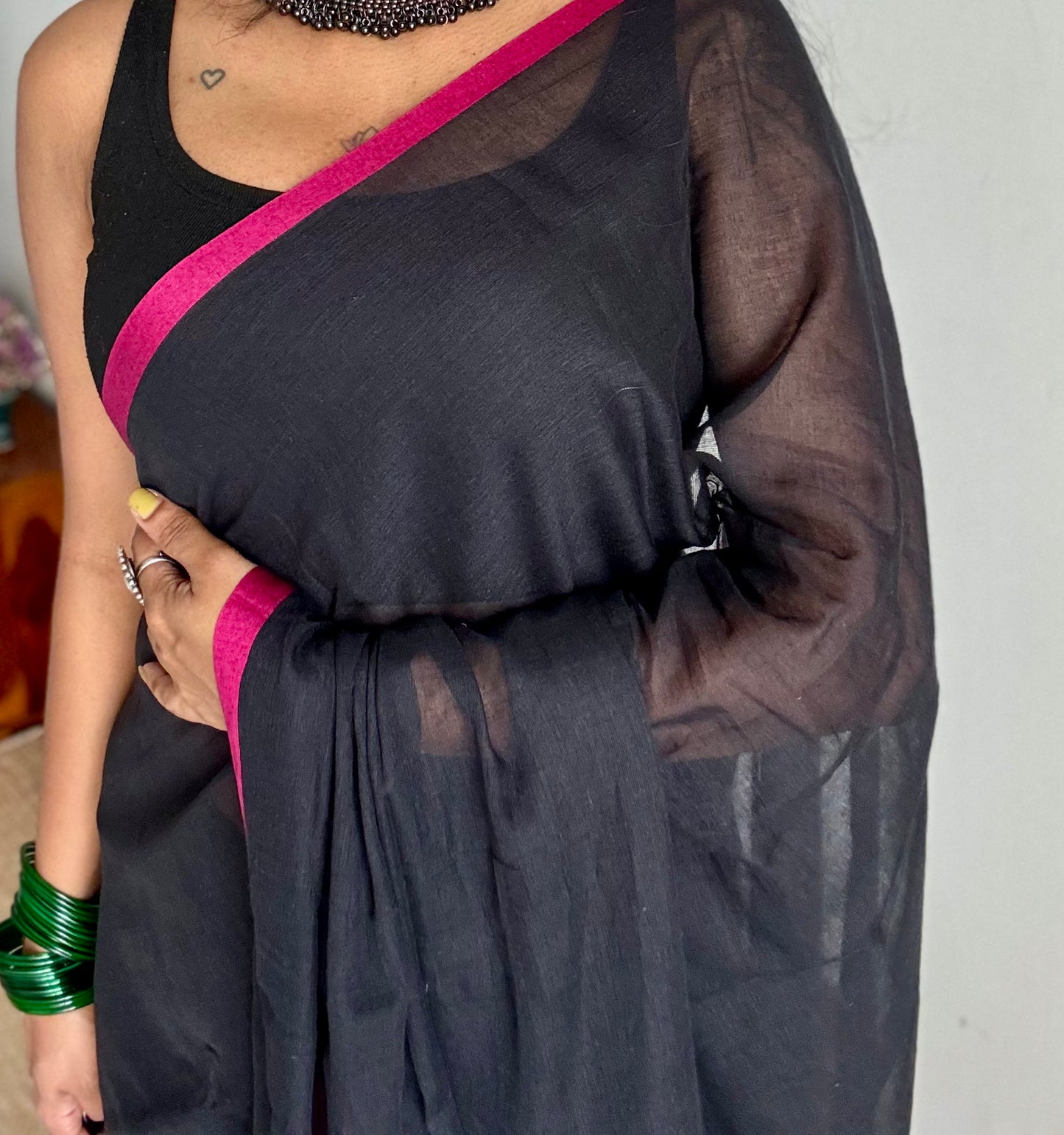 Black with hot pink border mul cotton saree - YCBCMCFE232