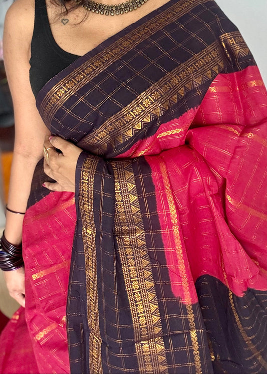 Pinkish red with dark blue, Adayar checks with velthaari pattern, madurai cotton - YCCOTNOCSC05
