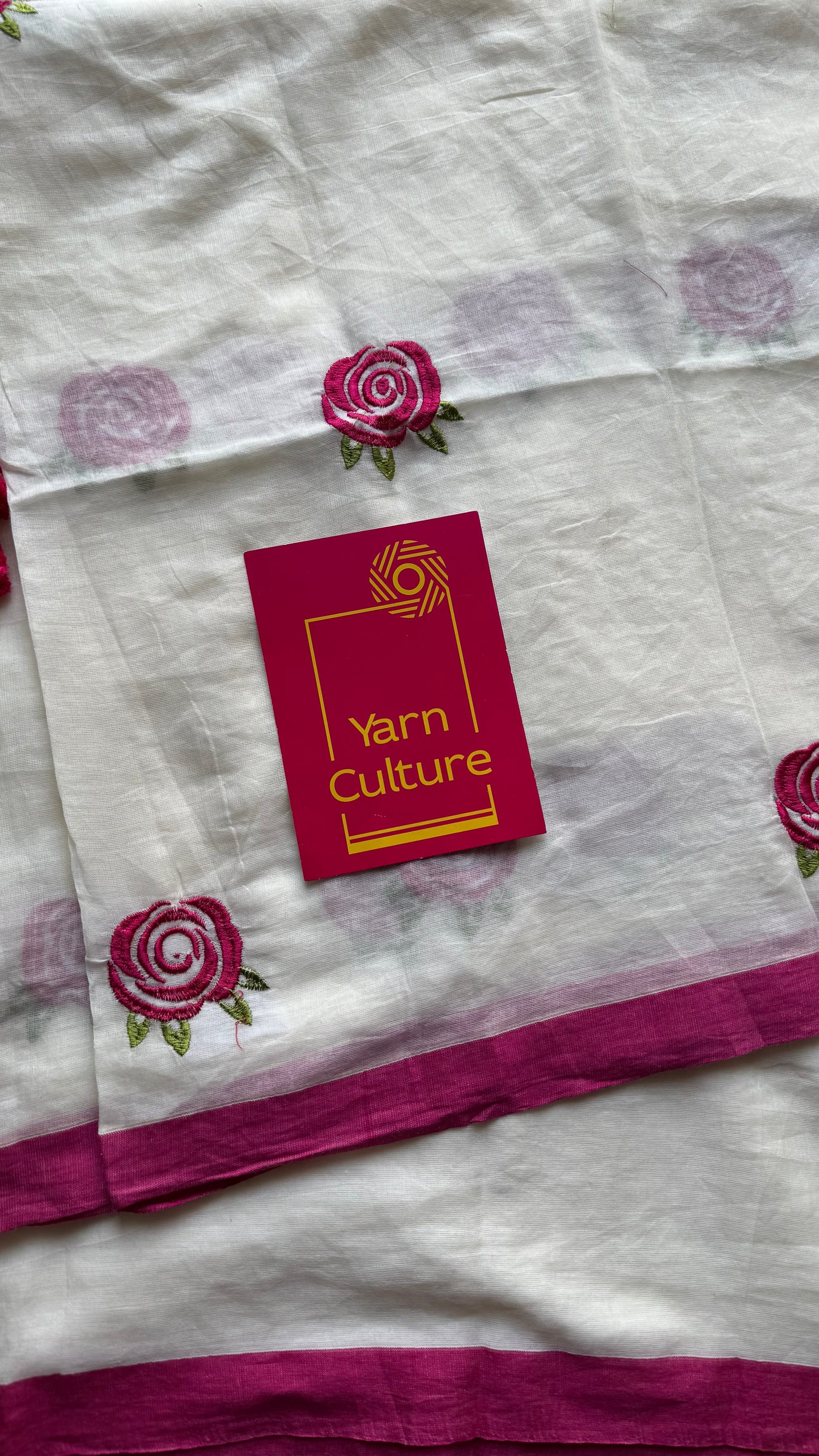 Cream mul with dark pink rose thread embroidery - YCBCMCNO74