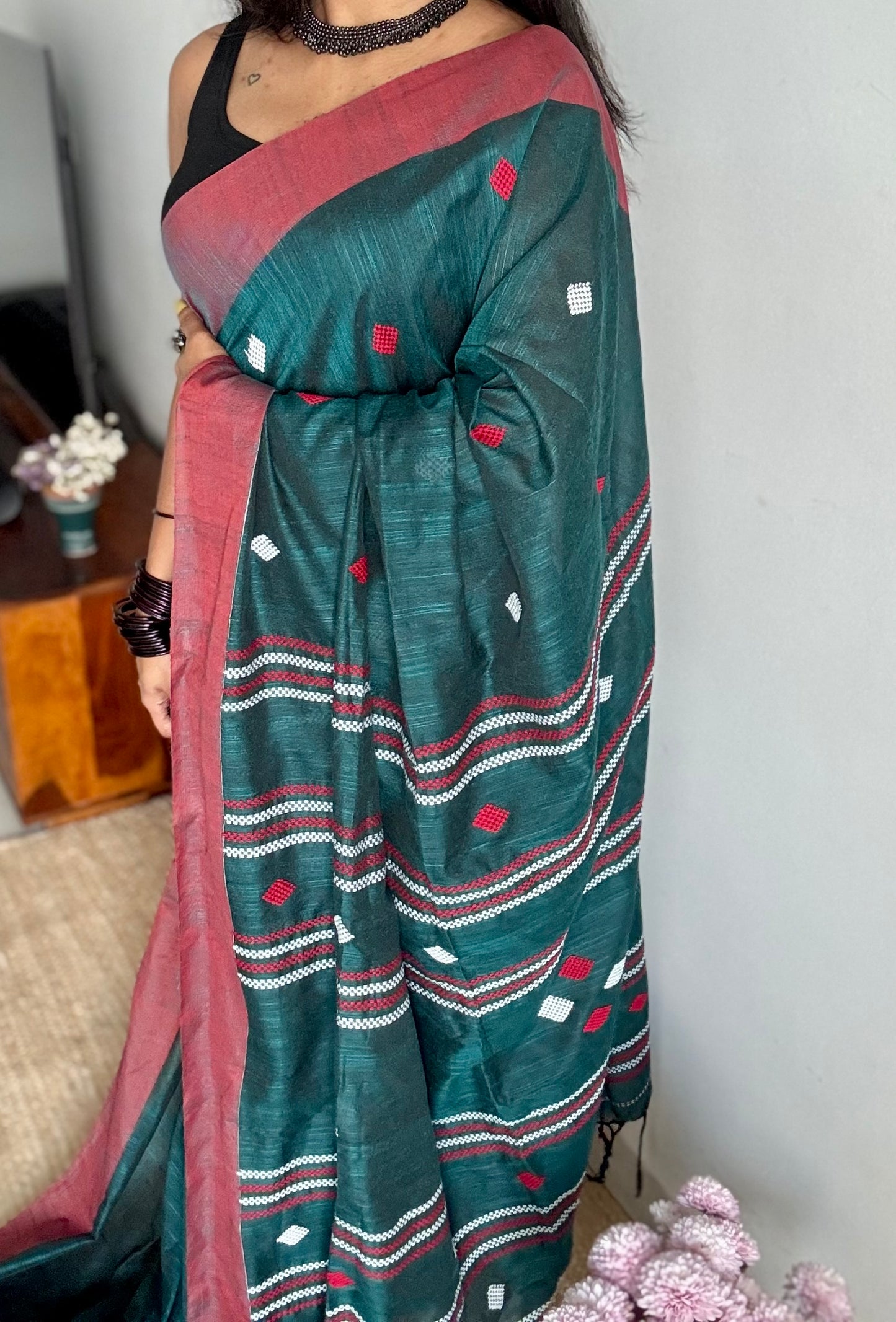 Peacock green with burnt red, soft khadi cotton with woven motifs - YCBCKCDE27