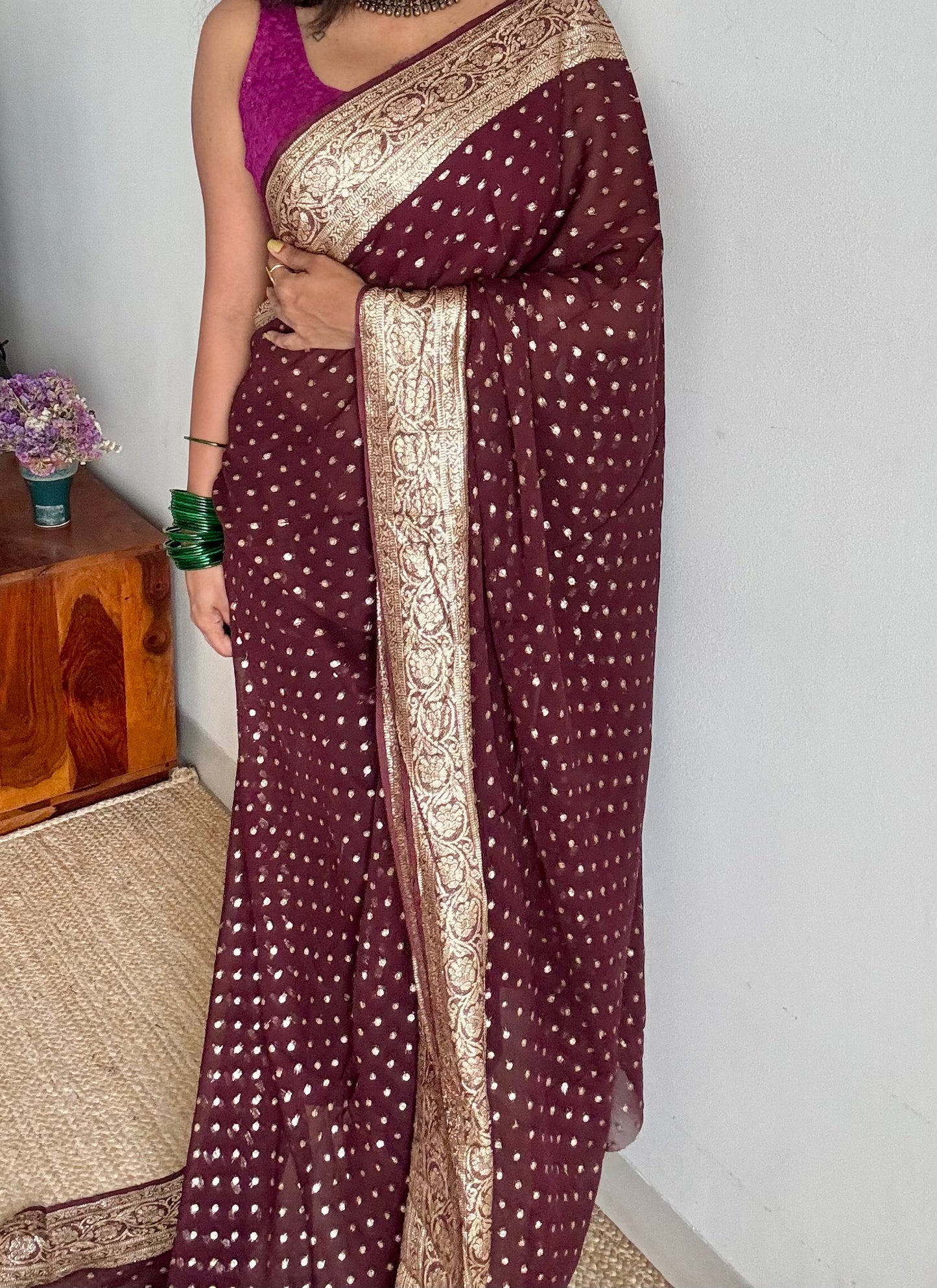 Brown viscose georgette saree with zari motifs - YCDOSFE207