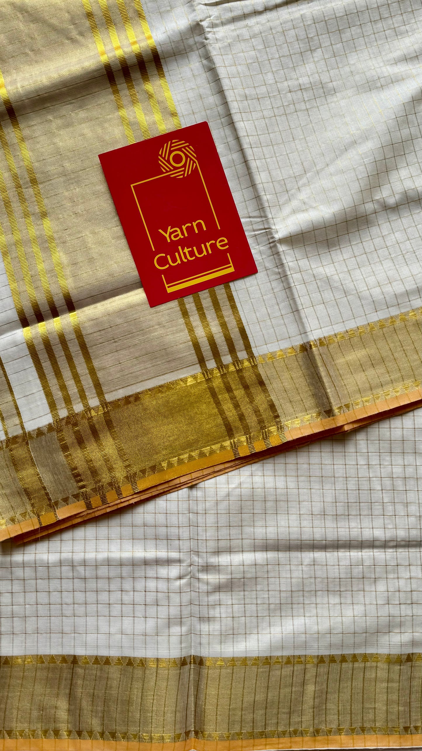 Ivory and gold soft cotton kasavu saree, small checks with temple border - YCIEON70