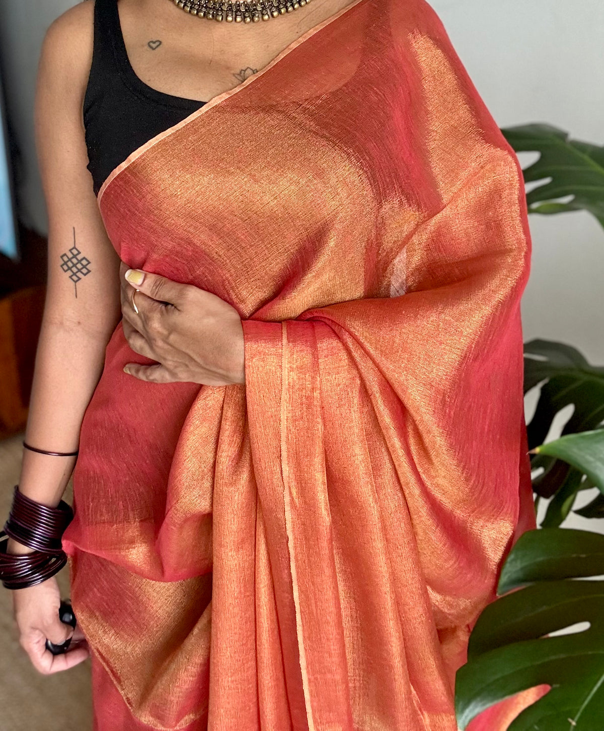 Orange with gold, dual tone metallic tissue linen saree - YCBCLTOC58