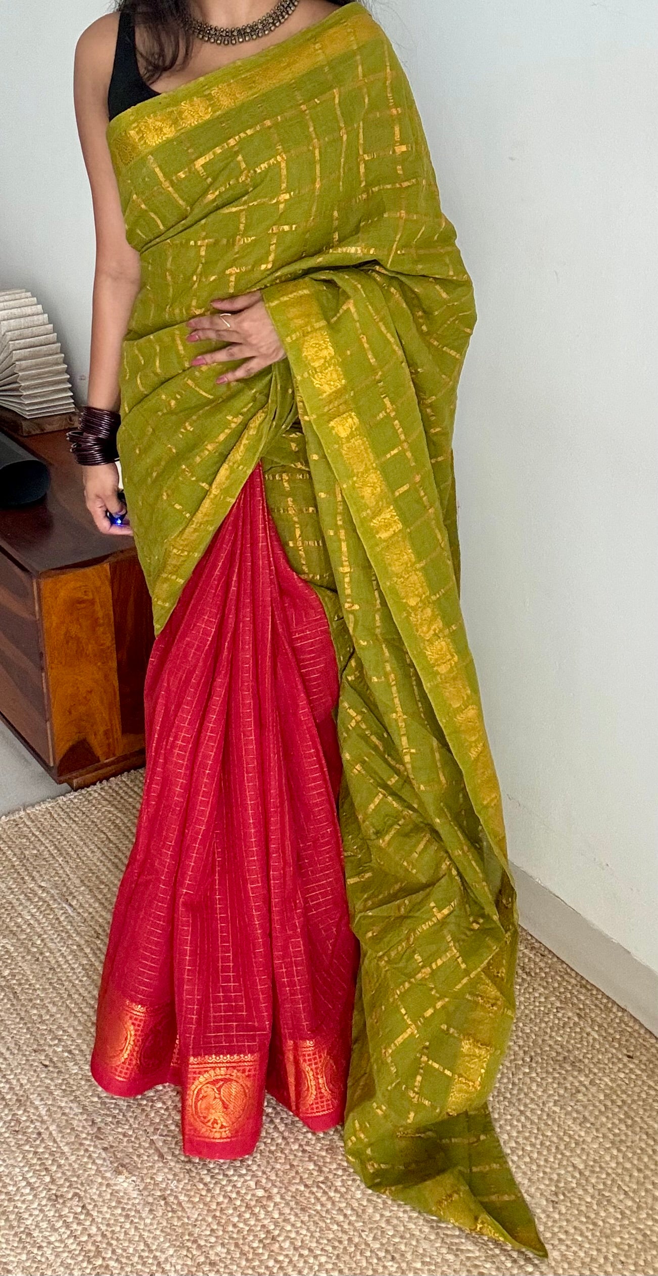 Green with chilli red checks, sungudi cotton half-half saree - YCCOTNIDMA282