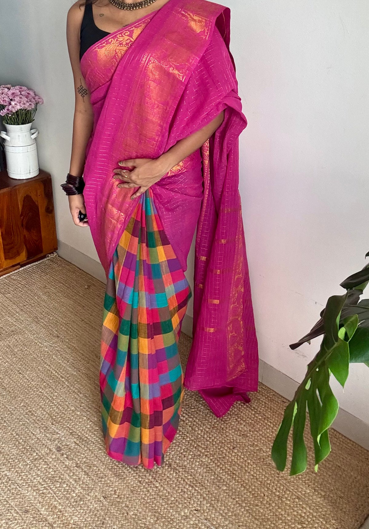 Light magenta with multicoloured madras checks, cotton half and half saree - YCCOTNIDOC159