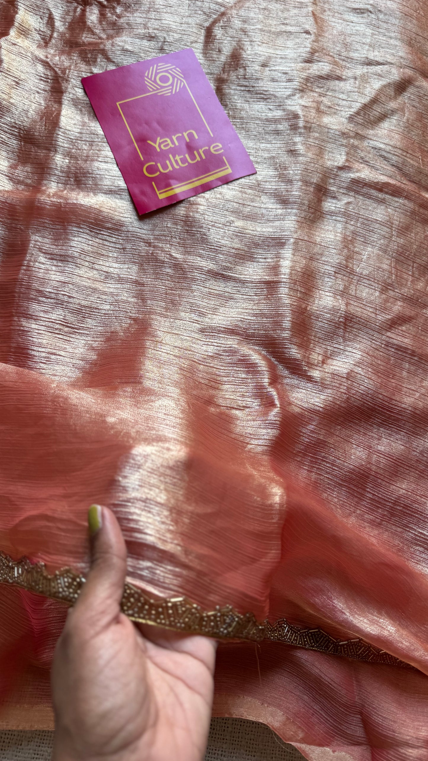 Peach Affair - peach pink hues, metallic dual tone space silk, embellished border - YCDOSDE60