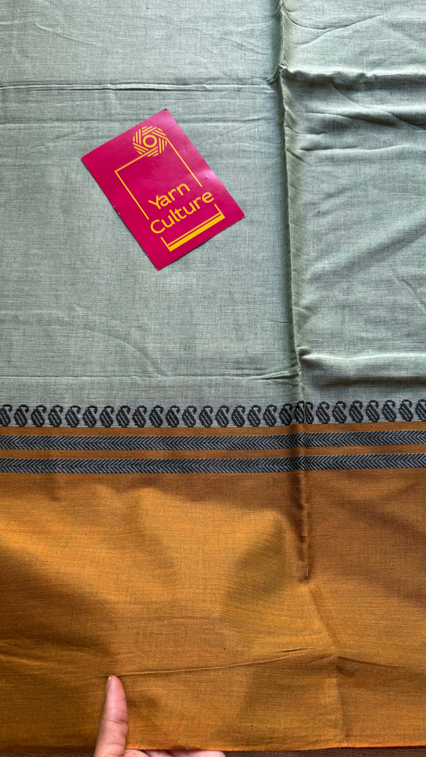 Dhonekhali handloom soft cotton saree, sage green with light brown border - YCBCDFE255
